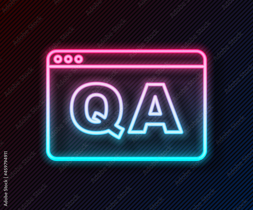 Glowing neon line Speech bubbles with Question and Answer icon isolated on black background. Q and A