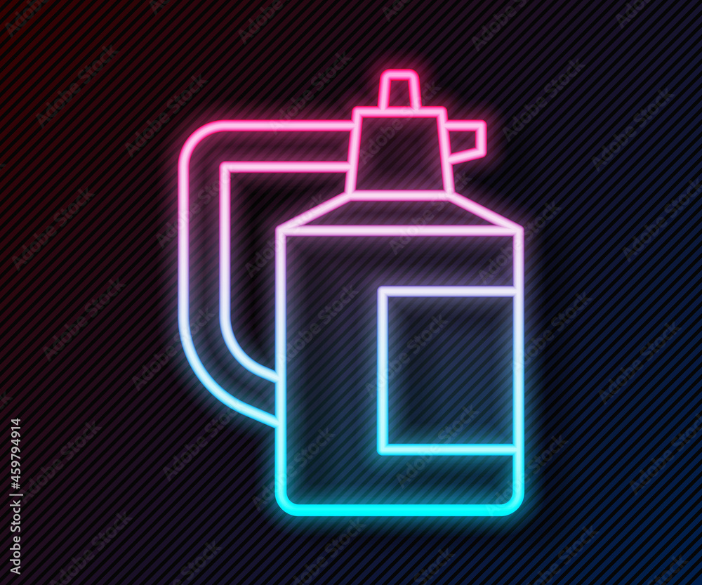 Glowing neon line Garden sprayer for water, fertilizer, chemicals icon isolated on black background.