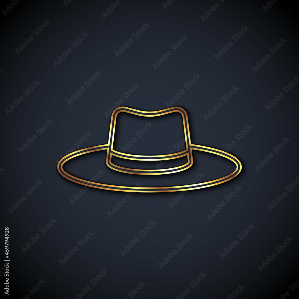 Gold line Gardener, farmer or agricultural worker hat icon isolated on black background. Vector