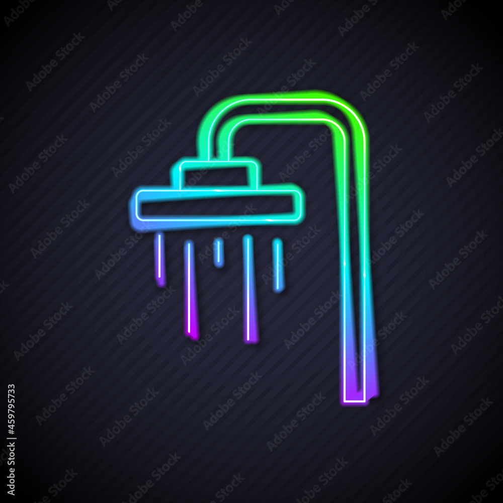 Glowing neon line Shower head with water drops flowing icon isolated on black background. Vector