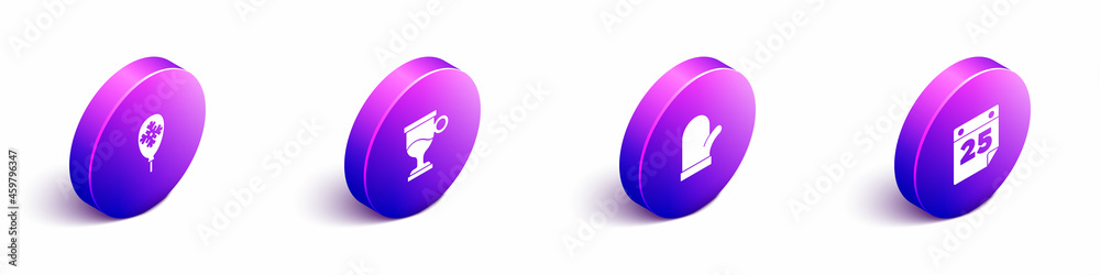 Set Isometric Balloons with snowflake, Mulled wine, Christmas mitten and Calendar icon. Vector