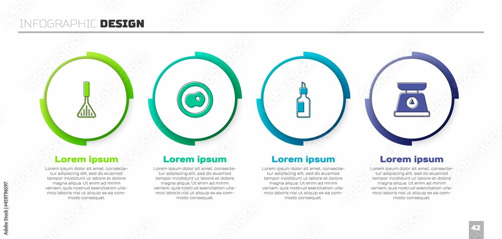 设置烧烤抹刀、炒鸡蛋、一瓶橄榄油和磅秤。商业信息图模板。