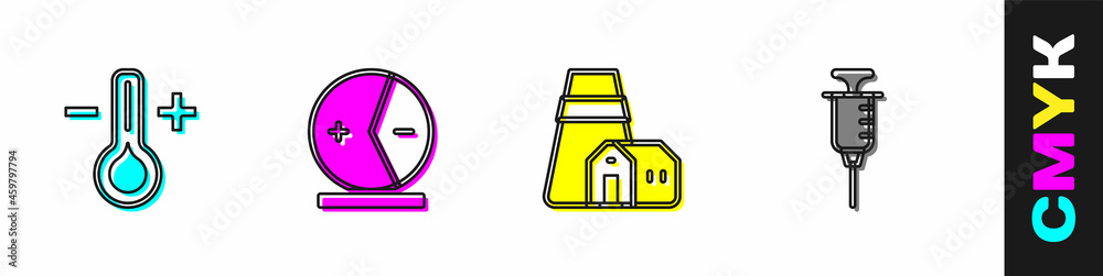 设置温度计、原子、电站设备和注射器图标。矢量