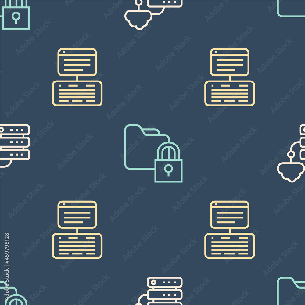 Set line Network cloud connection, Server, Data, Web Hosting and Folder and lock on seamless pattern