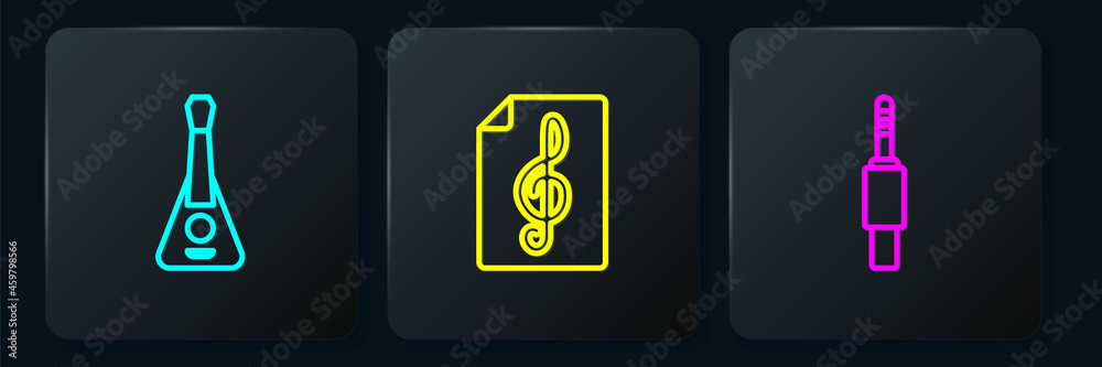 Set line Guitar, Audio jack and Treble clef. Black square button. Vector