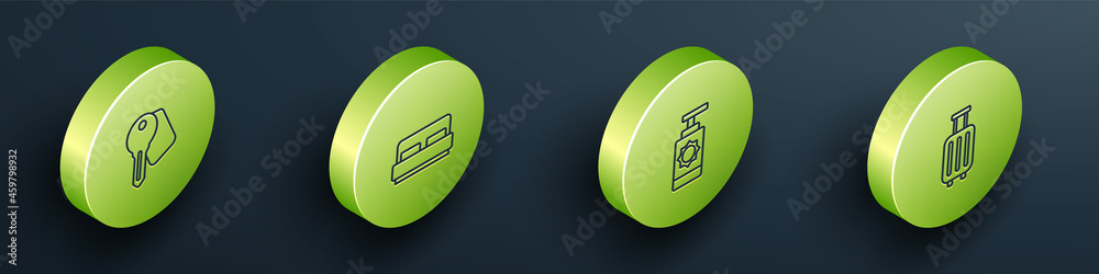 Set Isometric line Hotel door lock key, room bed, Sunscreen spray bottle and Suitcase icon. Vector