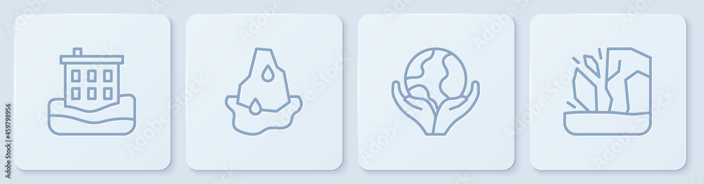 设置行房屋洪水、手持地球仪、冰川融化和白色方形按钮。矢量