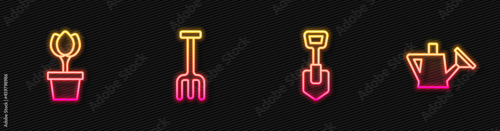 Set line Shovel, Flower tulip in pot, Garden rake and Watering can. Glowing neon icon. Vector