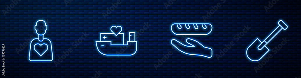 Set line Donation food, Volunteer, Humanitarian ship and Shovel. Glowing neon icon on brick wall. Ve