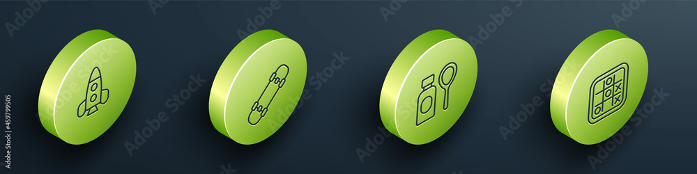 Set Isometric line Rocket ship toy, Skateboard, Soap bubbles bottle and Tic tac toe game icon. Vecto