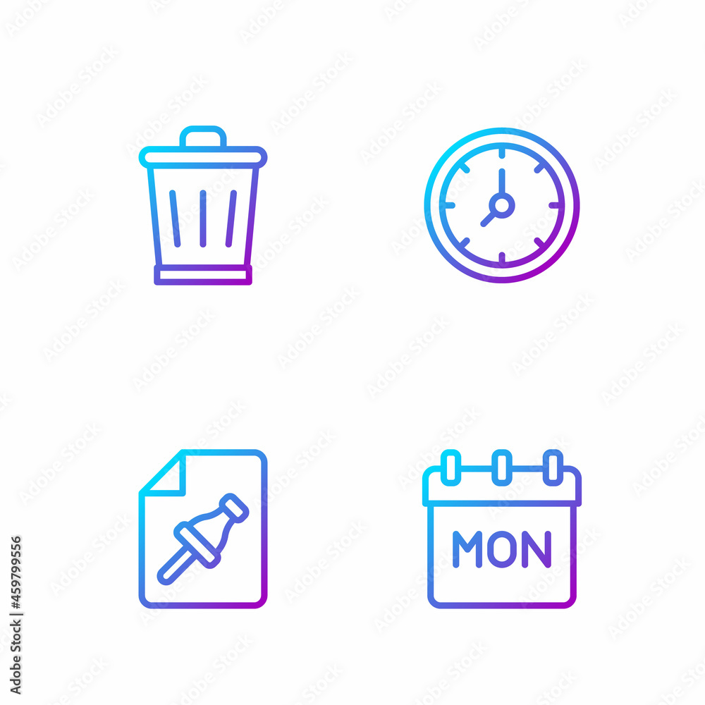 Set line Calendar, Note paper with push button, Trash can and Clock. Gradient color icons. Vector