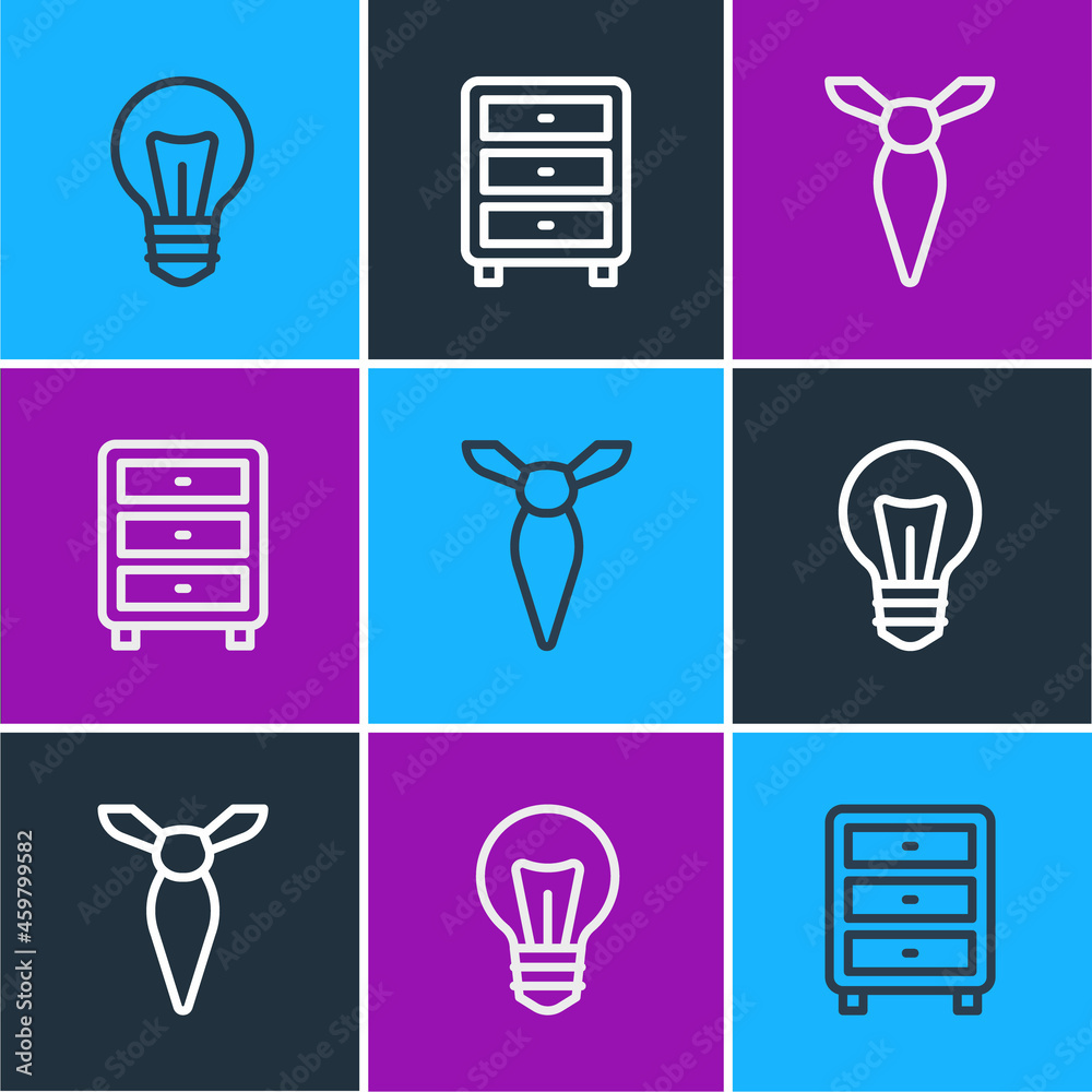 Set line Light bulb, Tie and Archive papers drawer icon. Vector