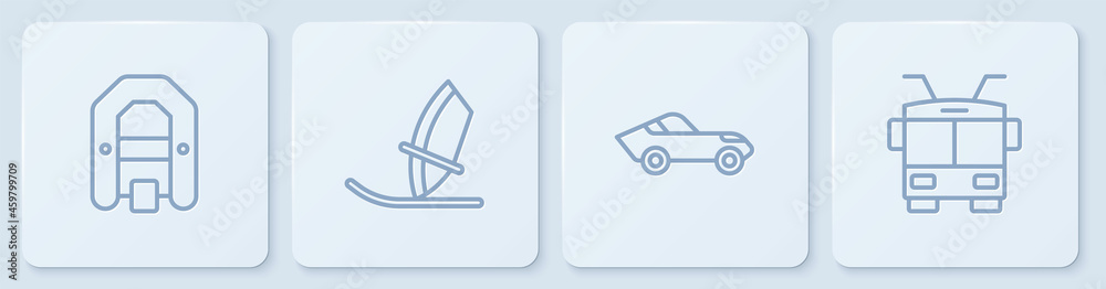 设线漂流船、汽车、风帆冲浪和无轨电车。白色方形按钮。矢量