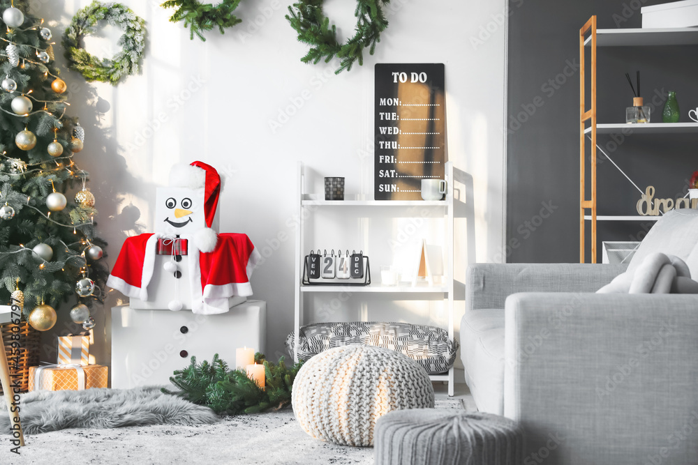 Interior of room with decorative snowman