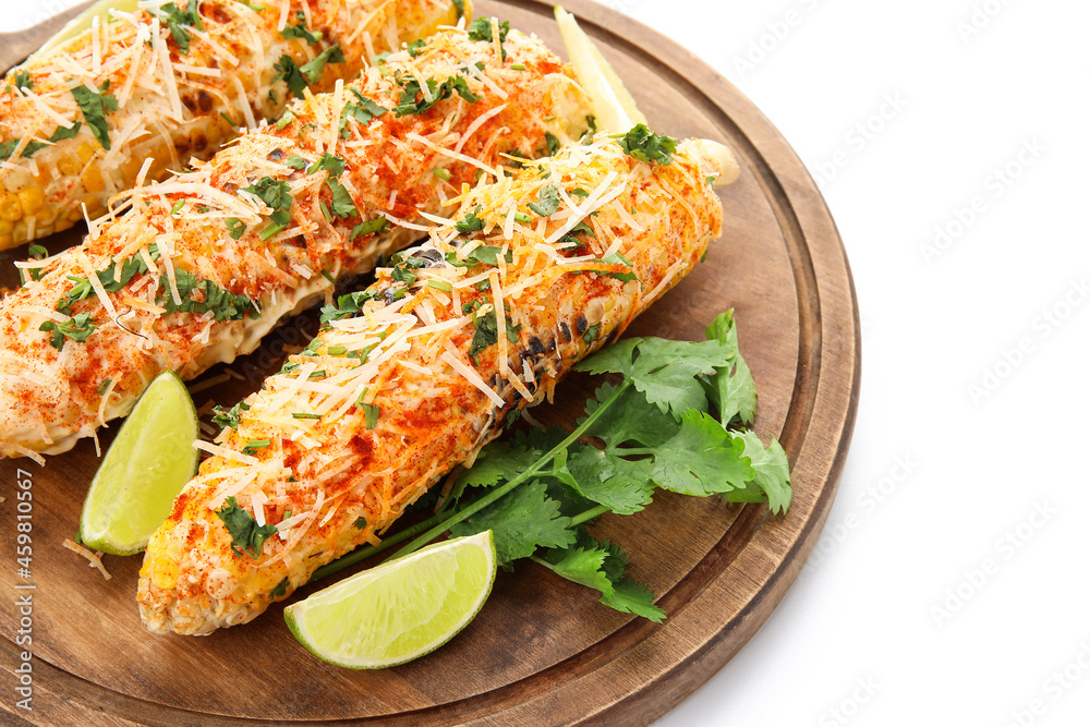 Wooden board with tasty Elote Mexican Street Corn on white background, closeup