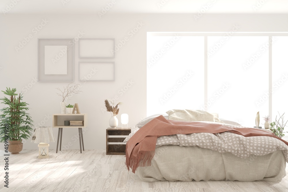 Soft color bedroom interior. Scandinavian design. 3D illustration