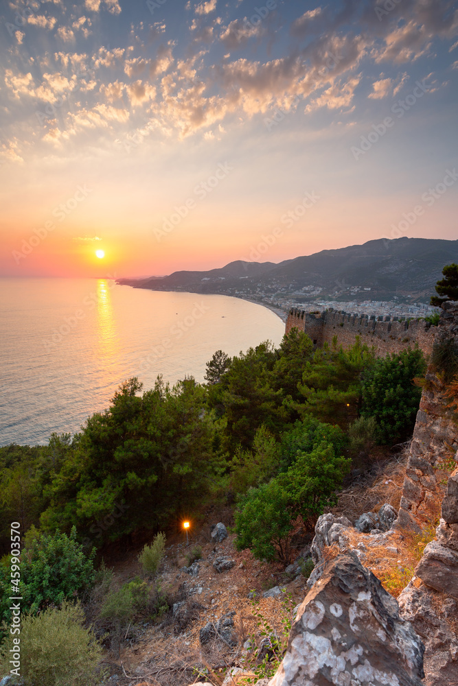 Beautiful sunset at the Alanya castle by the Mediterranean Sea. Turkey