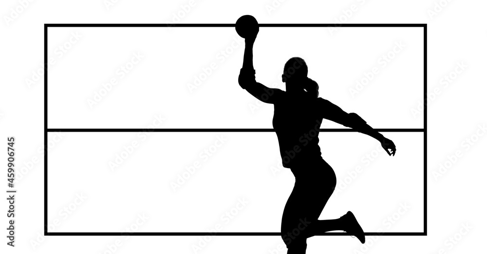 Silhouette of female handball player against handball field layout on white background