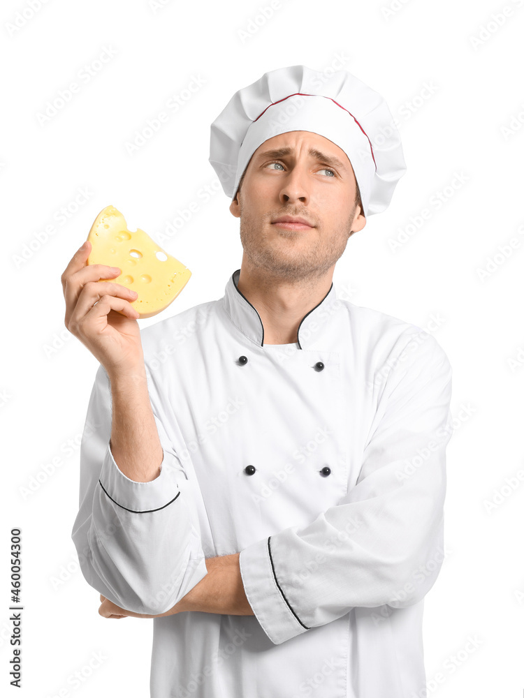 Thoughtful chef with cheese on white background