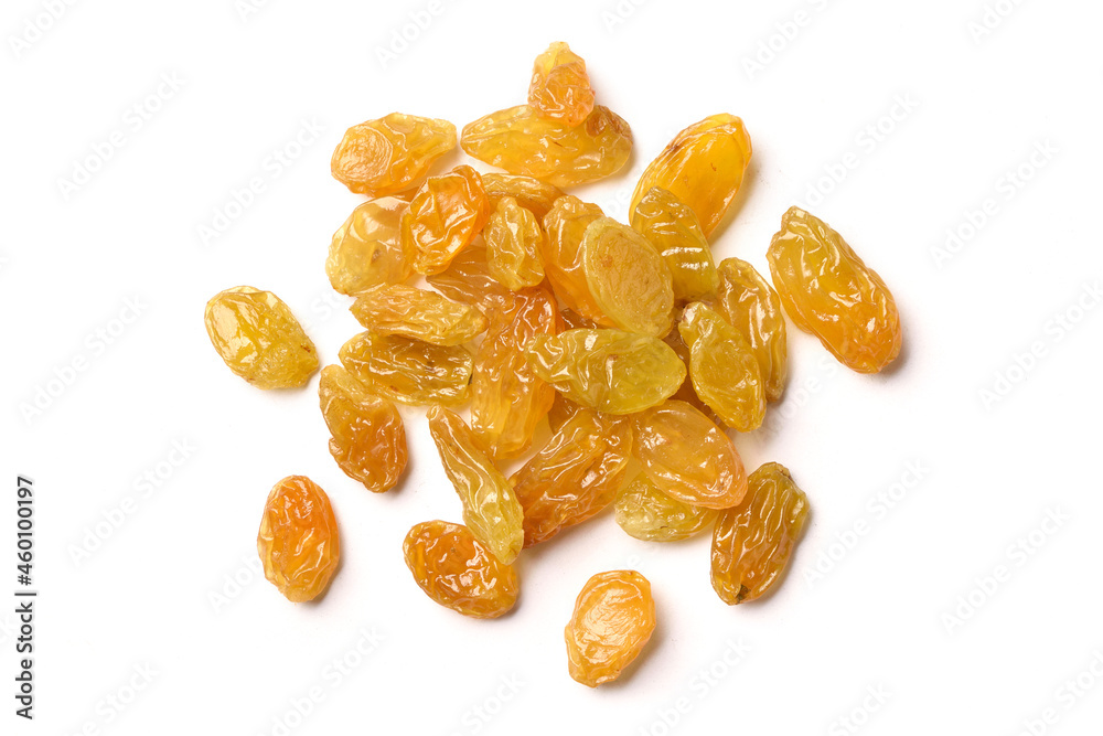 Flat lay (top view) of yellow Raisins isolated on white background.