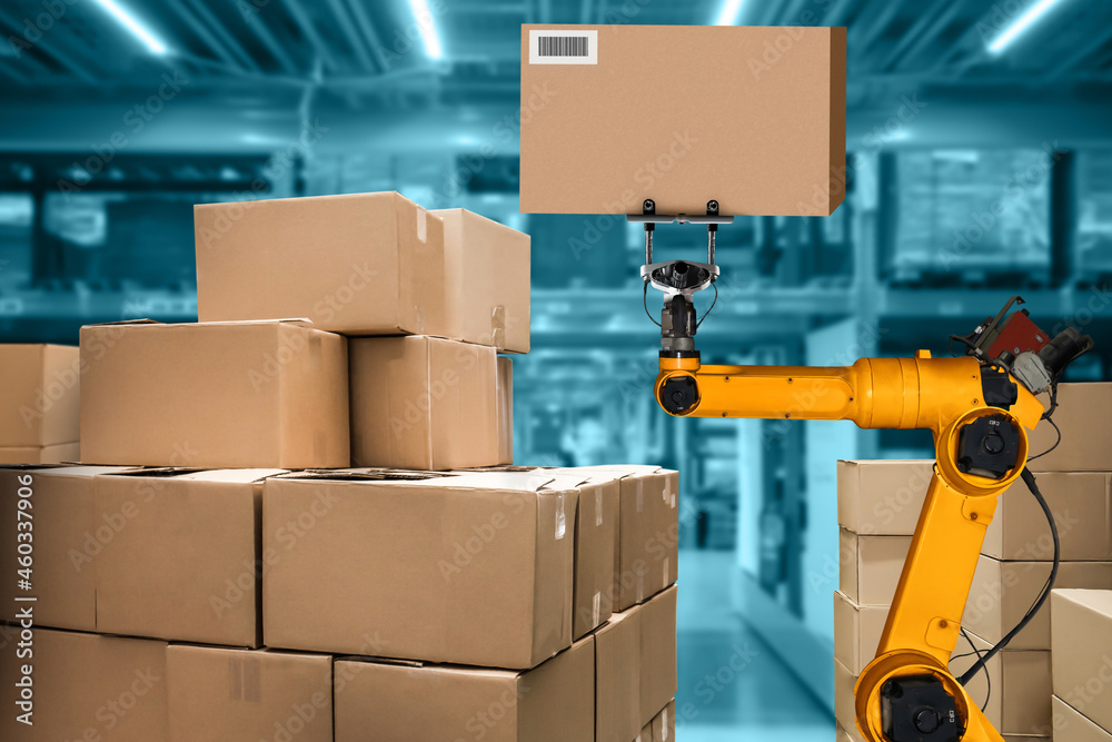 Smart robot arm system for innovative warehouse and factory digital technology . Automation manufact