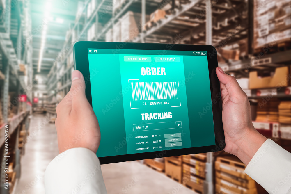 Warehouse management innovative software in computer for real time monitoring of goods package deliv