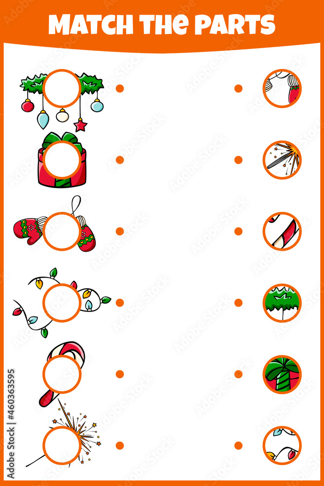 教育圣诞游戏。匹配部分。匹配部分图片。教育工作表。迷你-