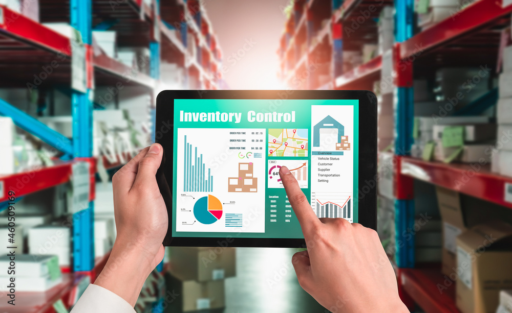 Warehouse management innovative software in computer for real time monitoring of goods package deliv