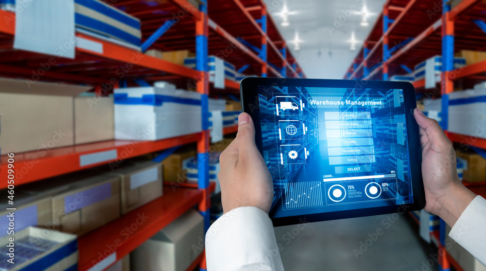 Warehouse management innovative software in computer for real time monitoring of goods package deliv