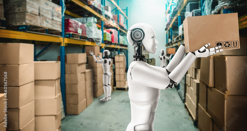 Innovative industry robot working in warehouse for human labor replacement . Concept of artificial i