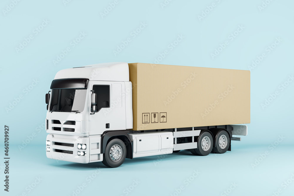 Abstract truck with cardboard box and mock up place on blue background. 3D Rendering.