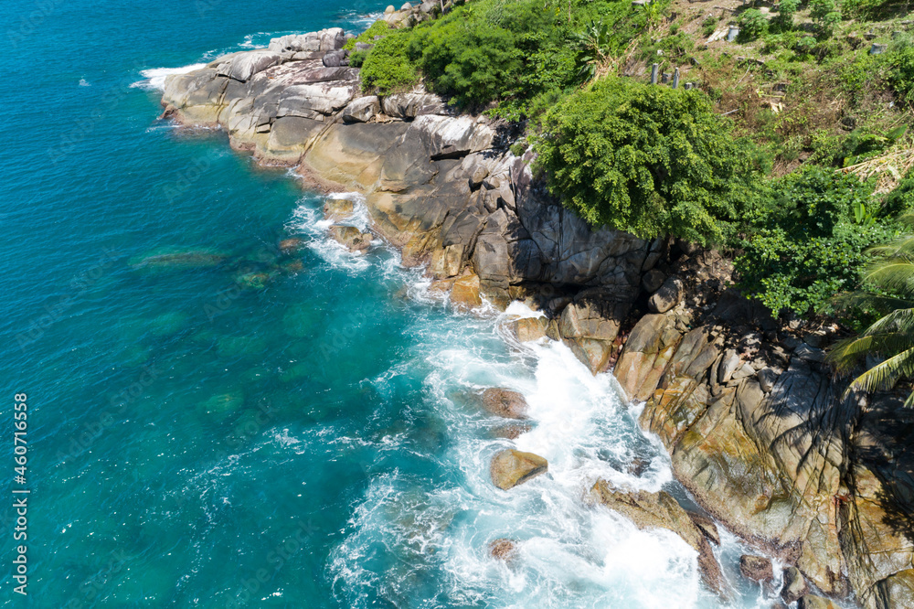 Aerial view of Amazing seashore at Phuket Thailand beautiful seacoast and open sea in summer season 