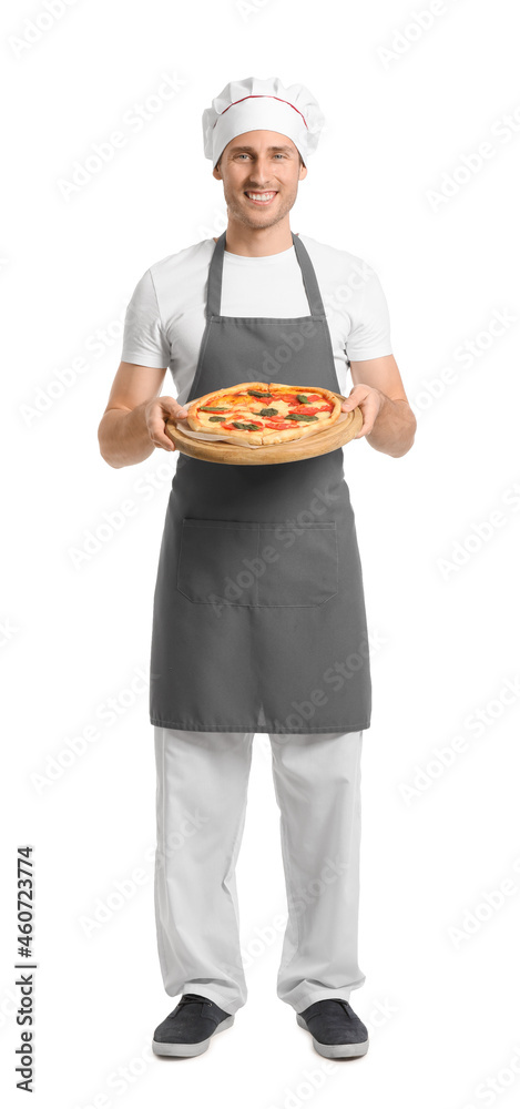 Young chef with delicious pizza on white background