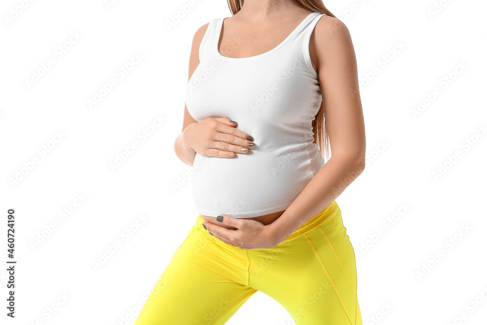 Young pregnant woman doing yoga on white background, closeup