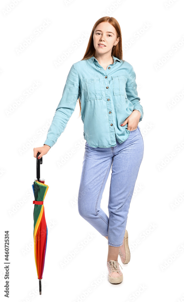 Young woman with umbrella on white background