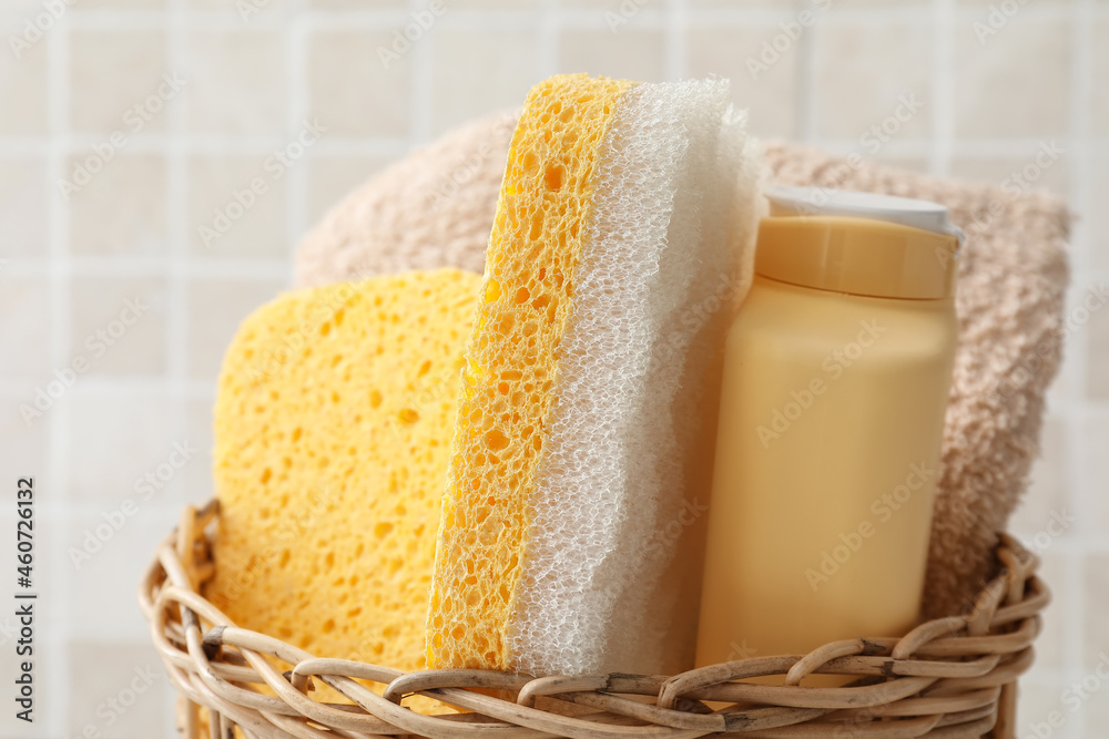 Bath accessories set with sponges, shower gel and towel