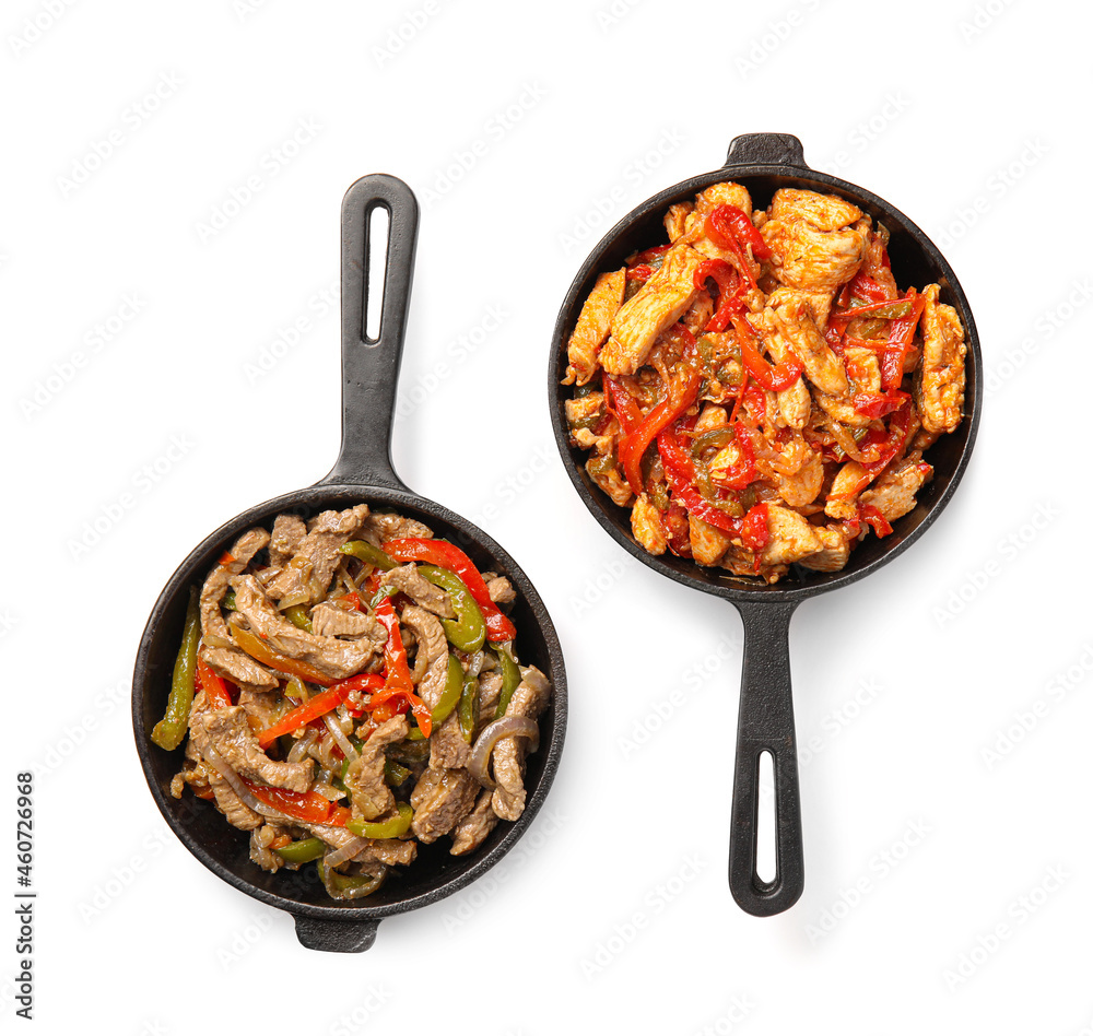 用美味的Fajita和白底蔬菜炒锅