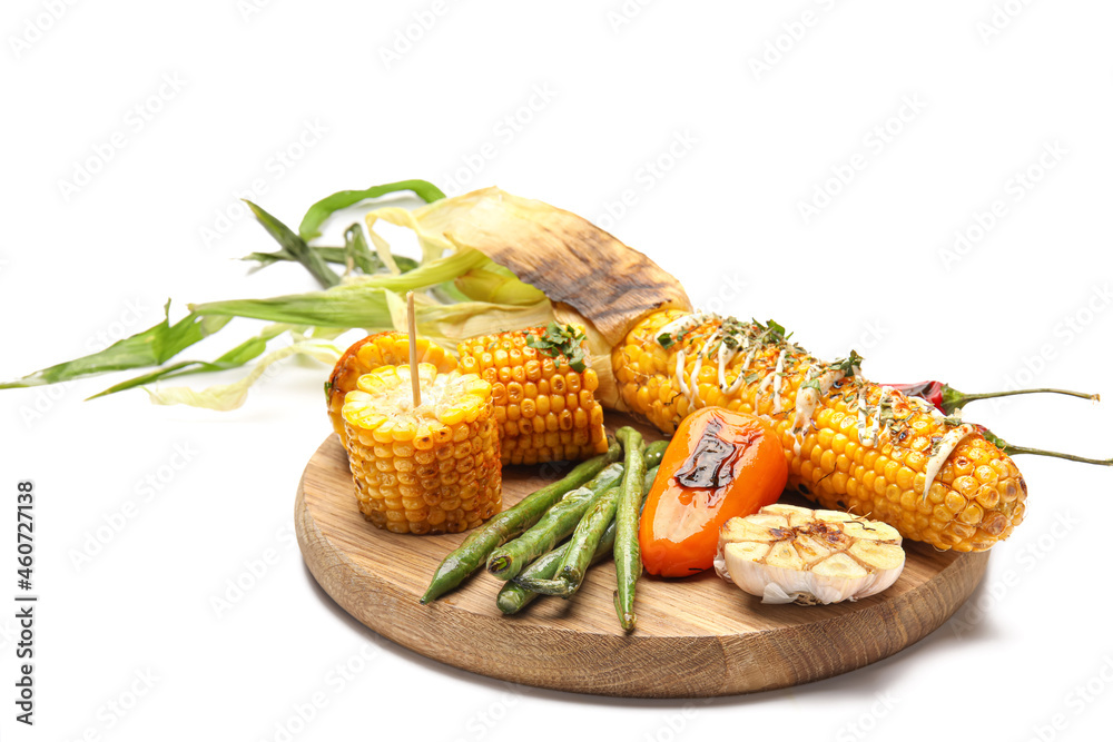 Wooden board with delicious Elote Mexican Street Corn and grilled vegetables on white background