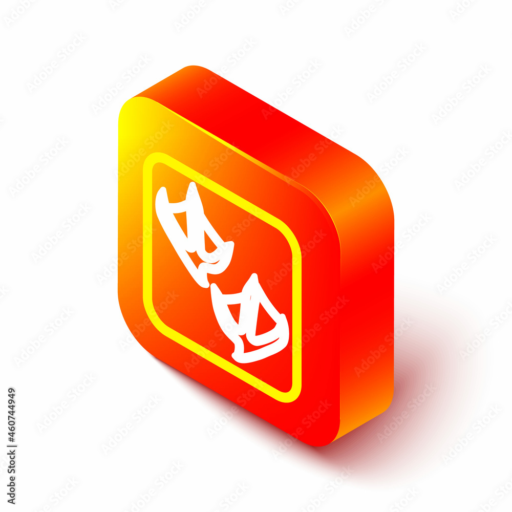 Isometric line Seagull paw footprint icon isolated on white background. Orange square button. Vector