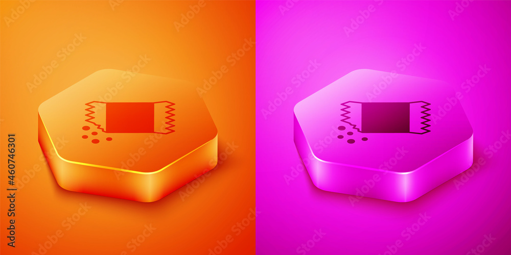 Isometric Packet of pepper icon isolated on orange and pink background. Hexagon button. Vector