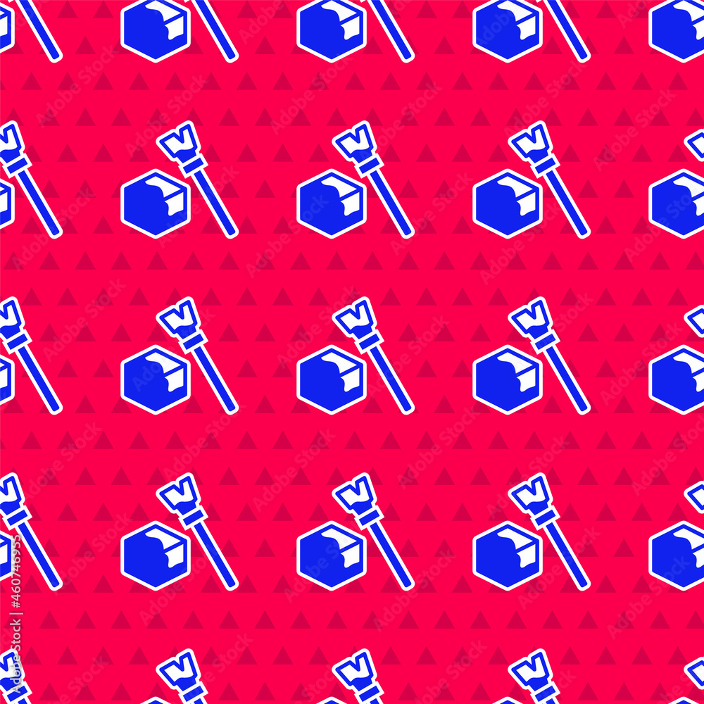 Blue Isometric cube icon isolated seamless pattern on red background. Geometric cubes solid icon. 3D