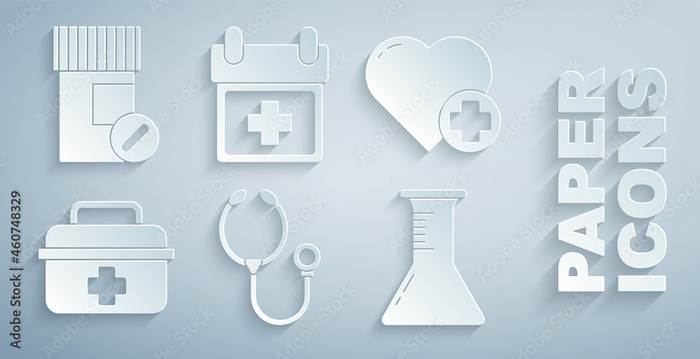 Set Stethoscope, Heart with a cross, First aid kit, Test tube and flask, Doctor appointment and Medi