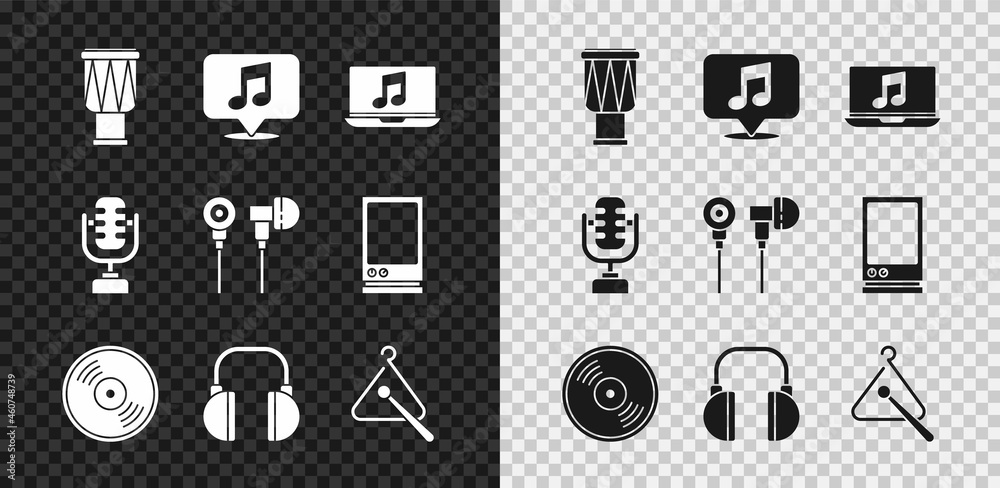 设置鼓，语音气泡中的音符，带音乐的笔记本电脑，乙烯基磁盘，耳机，三角音乐