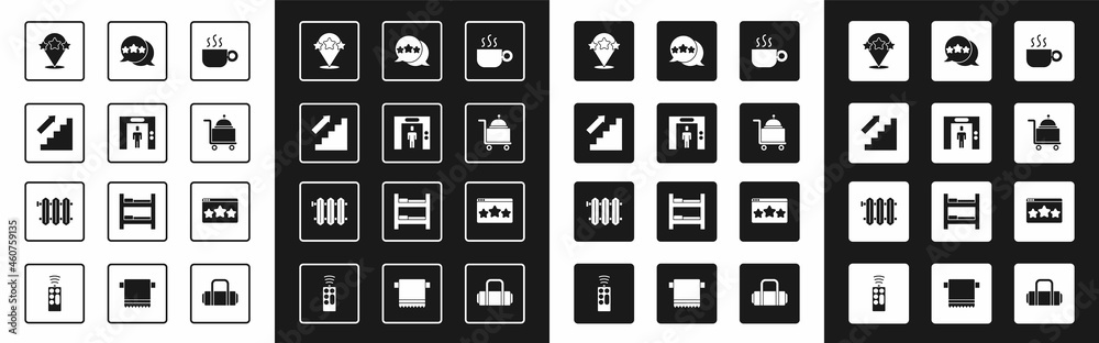 设置咖啡杯、电梯、楼梯、五星评级评审、带托盘和加热散热器图标