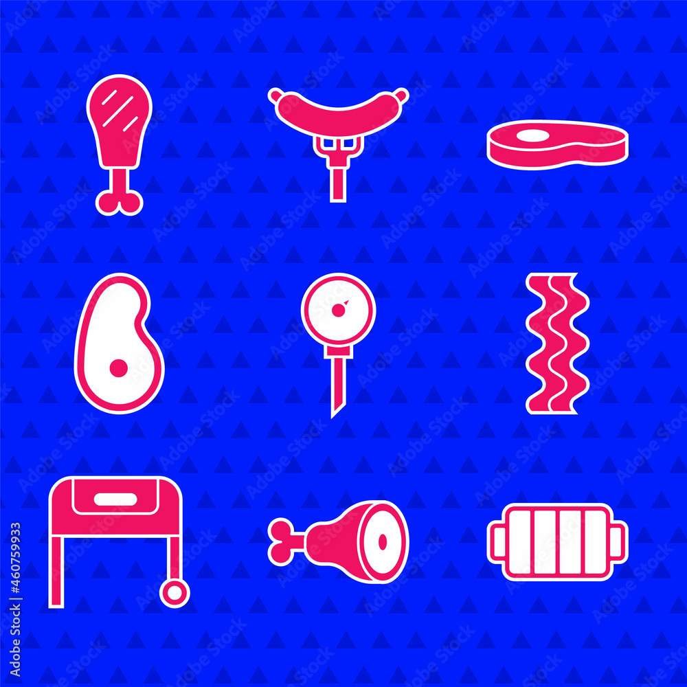 Set Kitchen thermometer, Chicken leg, Barbecue grill, Bacon stripe, Steak meat, and icon. Vector