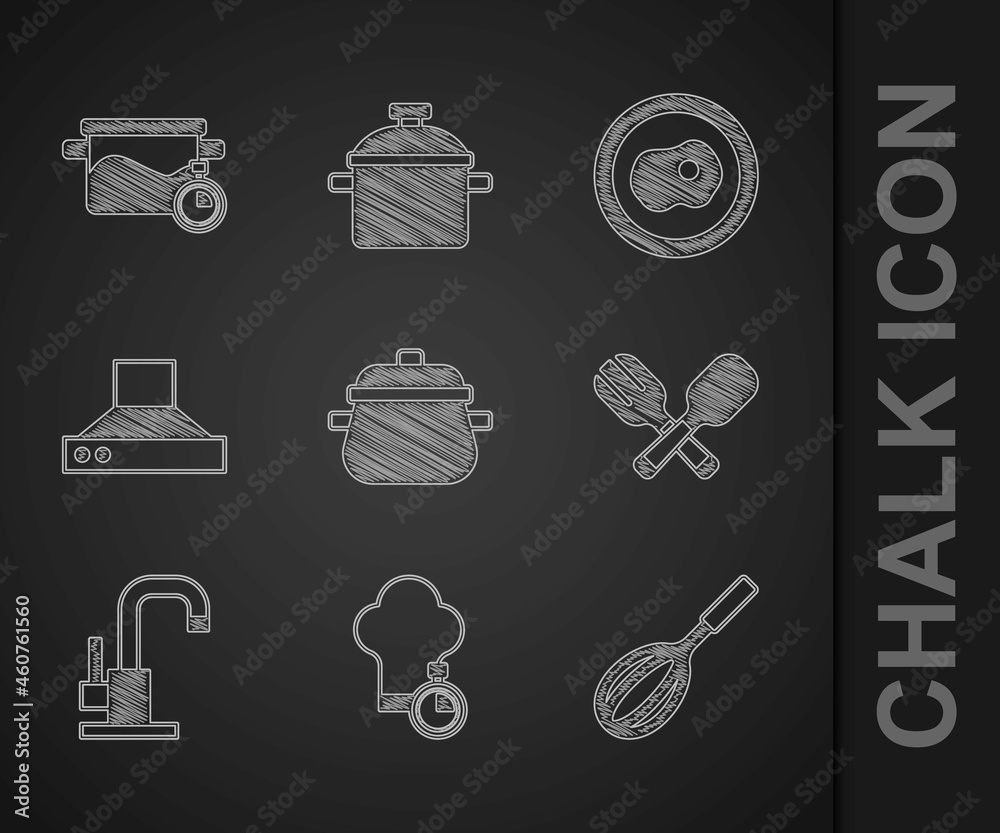 Set Cooking pot, Chef hat, Kitchen whisk, Crossed fork and spoon, Water tap, extractor fan, Scramble