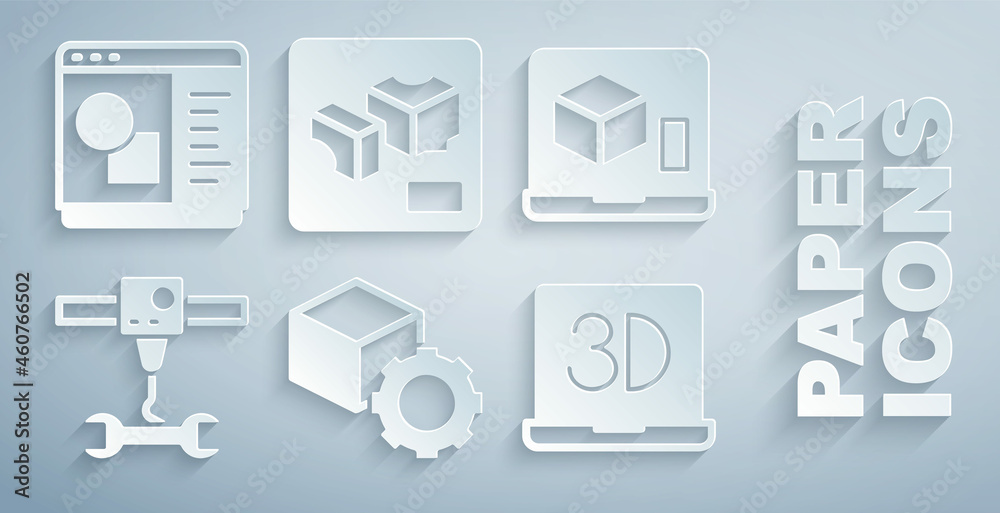 设置等轴测立方体、3D打印机、扳手和软件图标。矢量