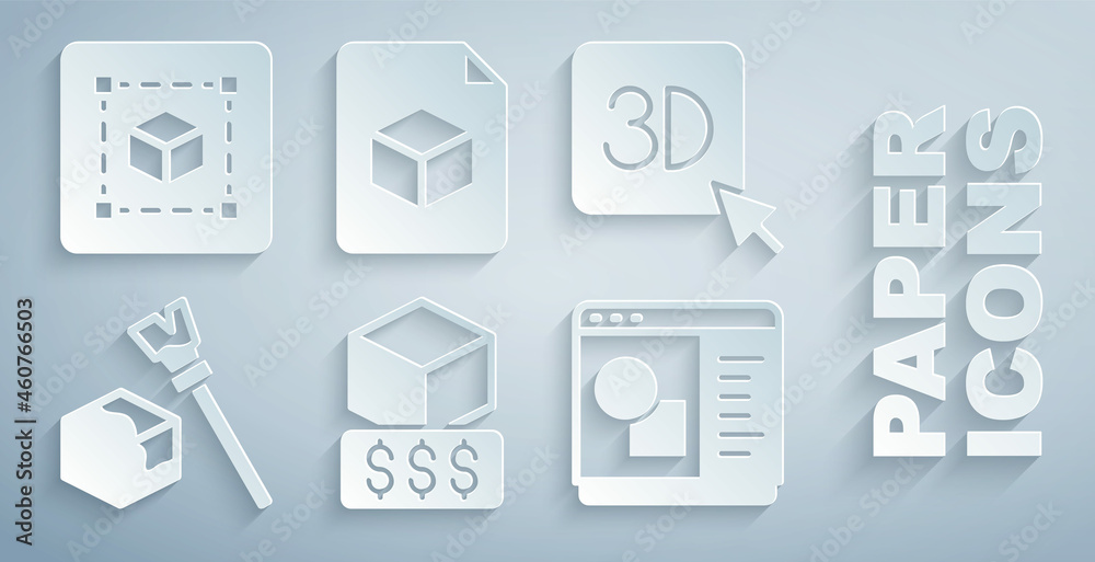 设置3D打印机服务、等轴测立方体、软件、文件和几何图形立方体图标.Vvector