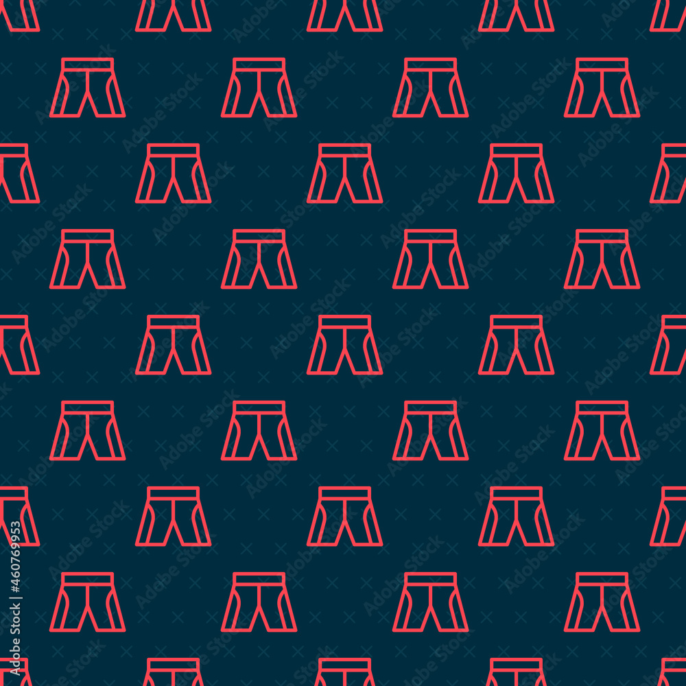 Red line Short or pants icon isolated seamless pattern on black background. Vector