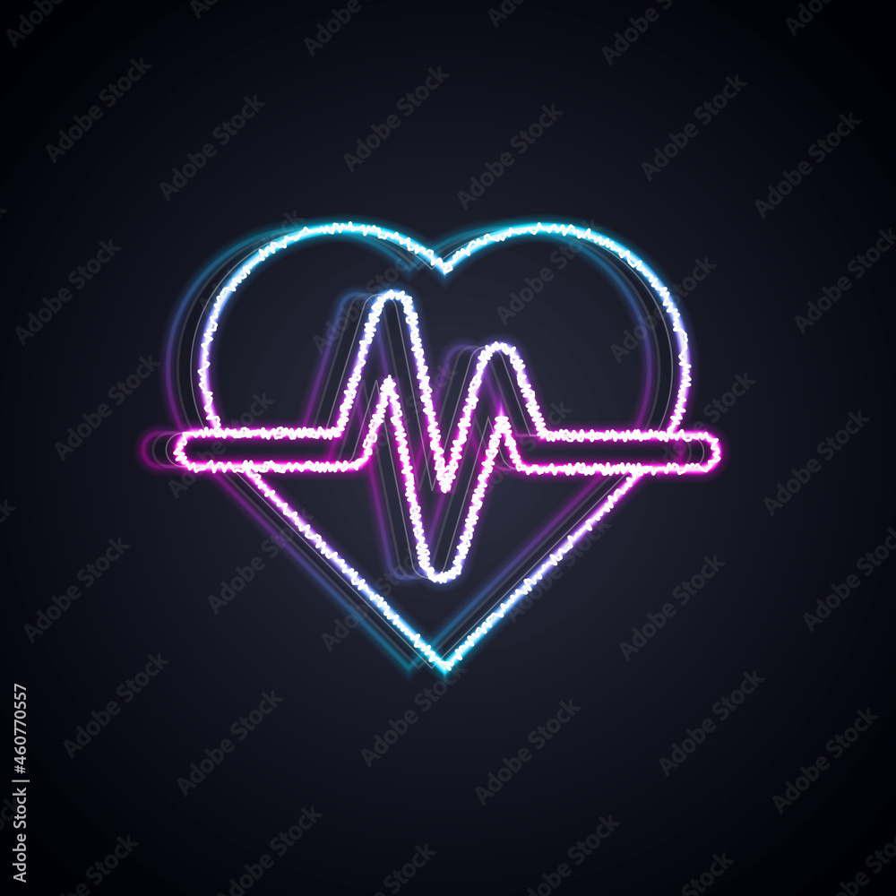 Glowing neon line Heart rate icon isolated on black background. Heartbeat sign. Heart pulse icon. Ca